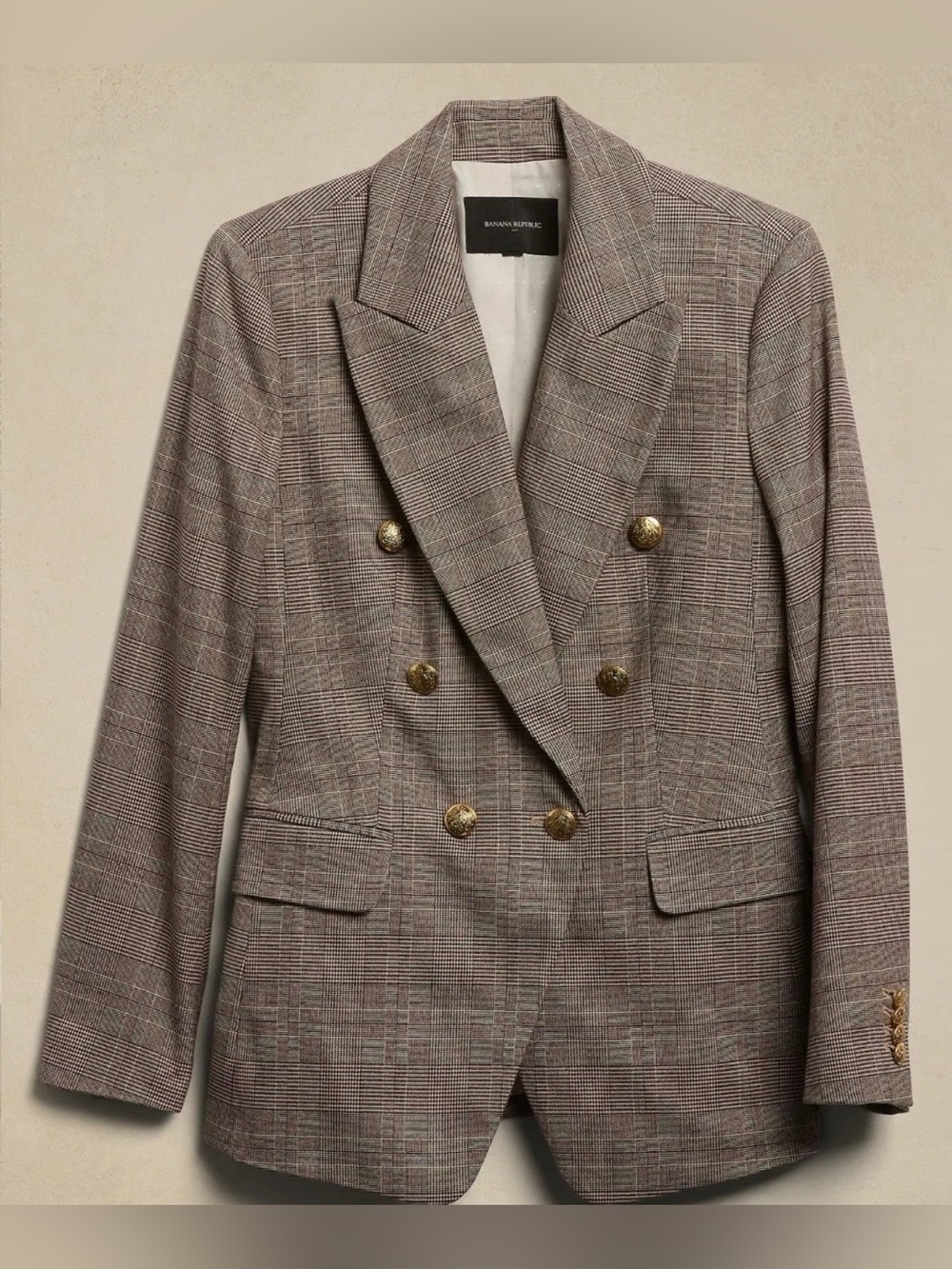 Banana Republic Factory Icon Plaid Double Breasted Military Style Blazer Taupe
